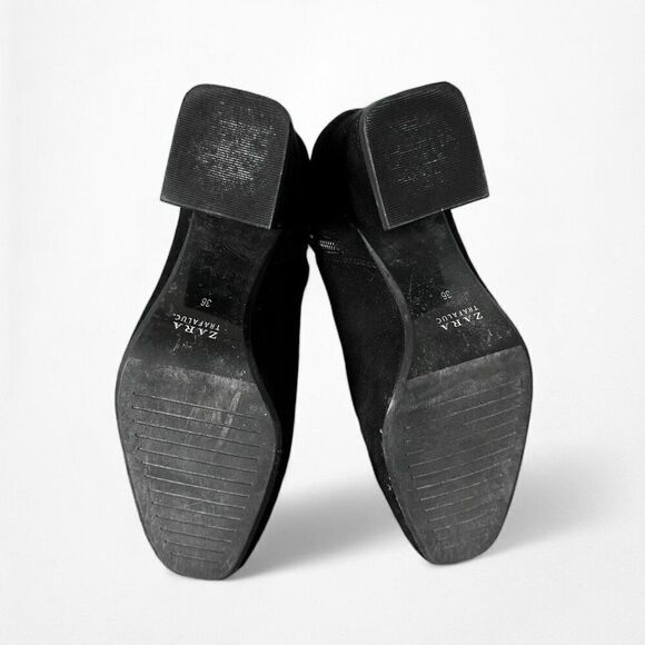 Zara Black Suede Round Toe Block Heel Casual Ankle Boots Size 6 - Picture 8 of 8